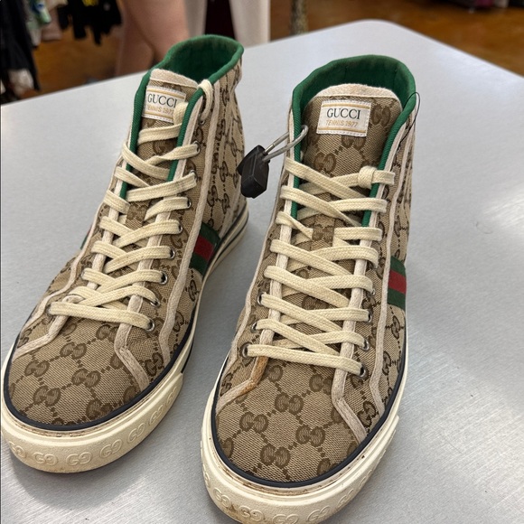 Gucci Beige Monogram High-Tops with Green and Red Stripes - Picture 1 of 13